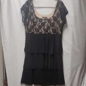 Tiana B. Black Lace Tiered Dress with Nude Underlay